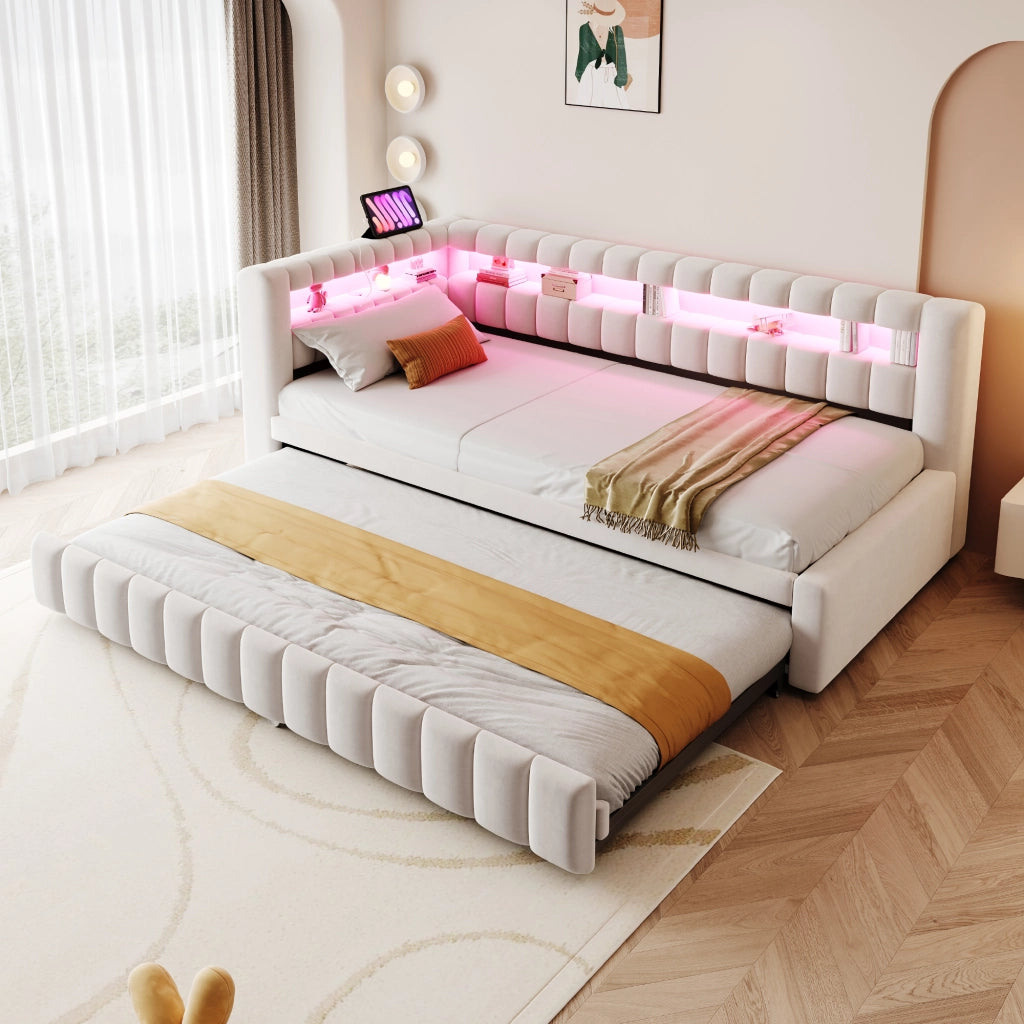 Letto imbottito estraibile 90x200 cm con LED, porte USB e tipo C, tessuto effetto velluto beige