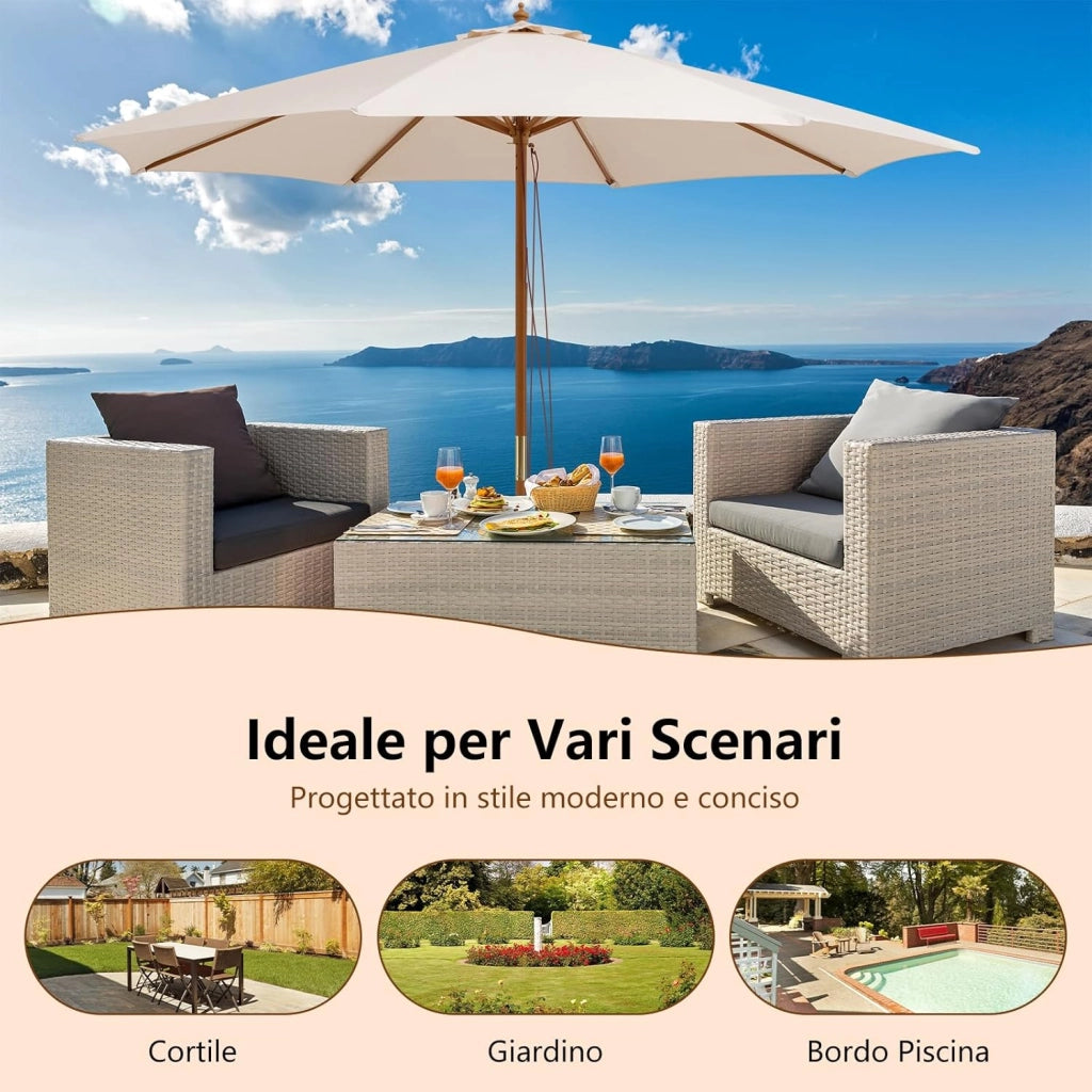 Ombrellone da Giardino 300 x 300 cm, Ombrellone Pieghevole con 8 Stecche di Bambù, 3 Altezze Regolabili, Ombrellone da Parasole Impermeabile, per Giardino Cortile Piscina (Beige)