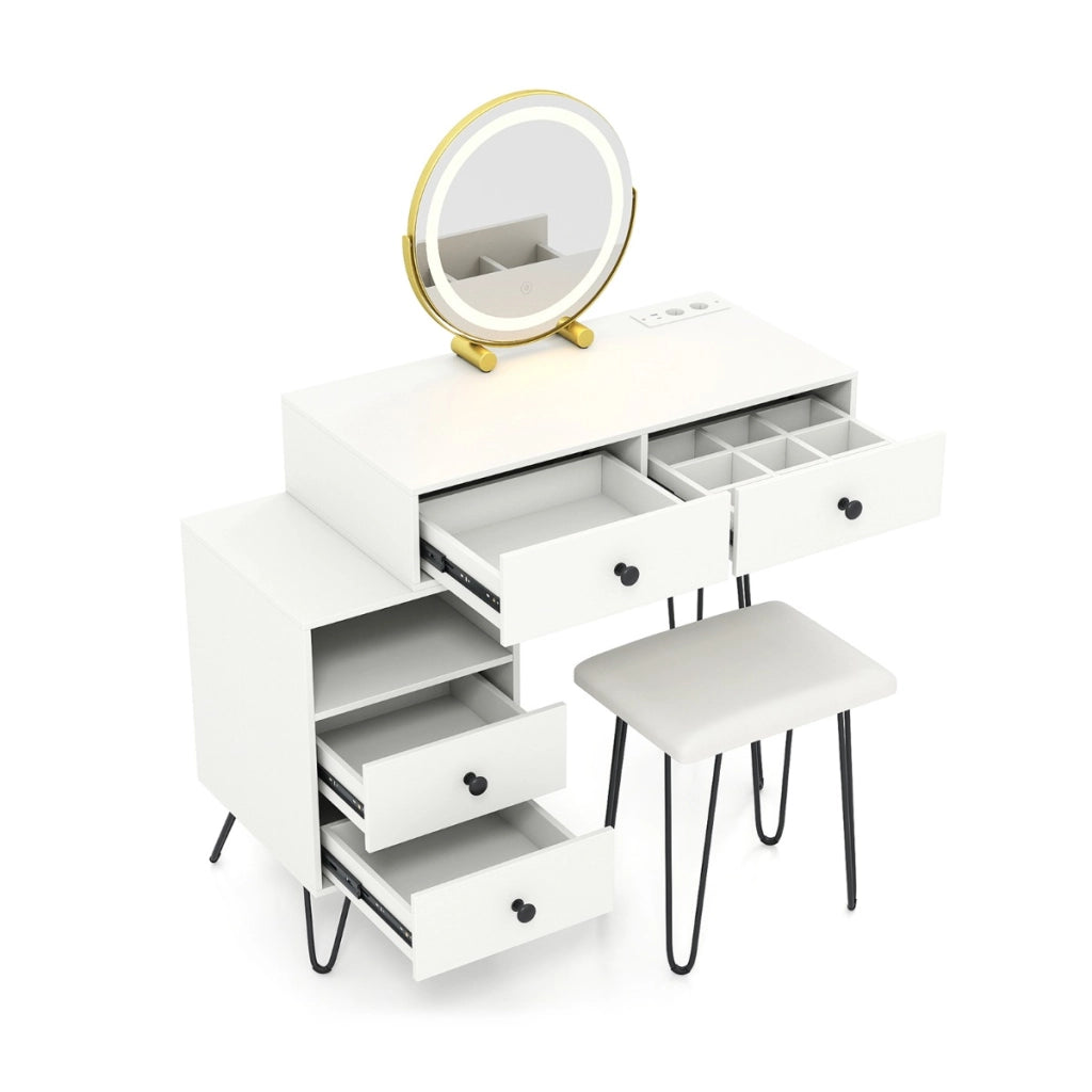 Tavolo da trucco con specchio e luci 4 cassetti estraibili e scomparto aperto, Tavolo da toeletta con sgabello per camera da letto-Tavoli da trucco