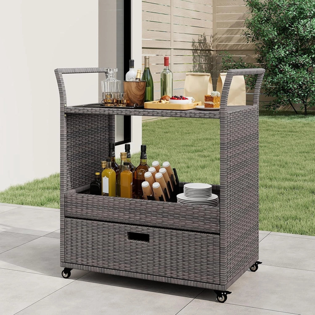 Carrello Bar da Esterno con Ruote, Carrello di Servizio in Rattan con Ripiano in Vetro Temperato, Scaffale di Stoccaggio e Cassetto Rimovibile per Veranda, Giardino e Bordo Piscina