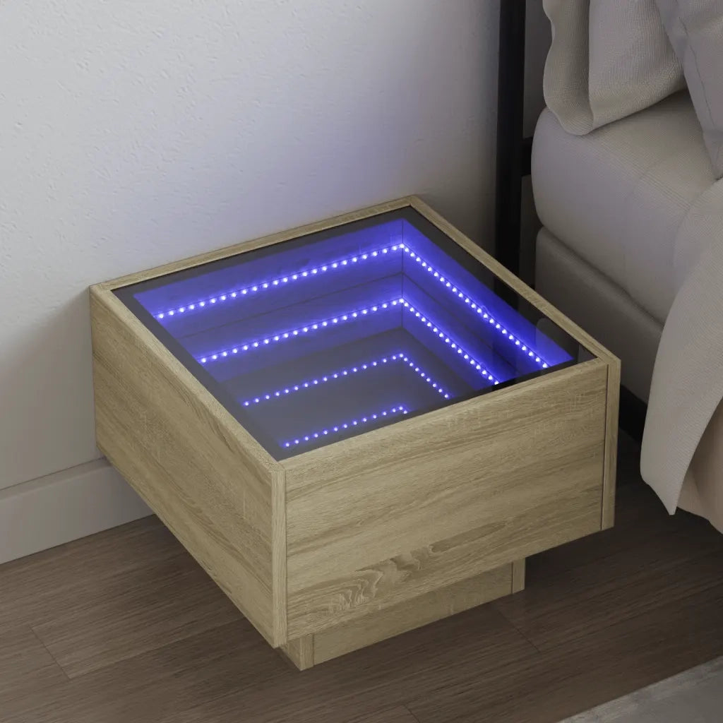 Comodino con LED Infinity-Tavolino da notte Rovere Sonoma 40x40x30 cm 198202