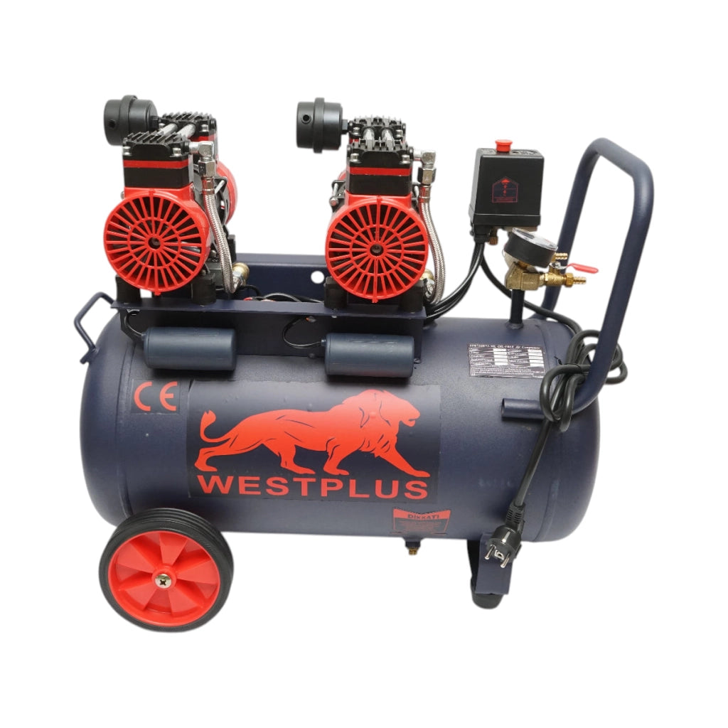 Compressore d'aria silenzioso oil-free da 50 l, 2 motori a 4 cilindri da 1,5 kW/2 CV, pressione massima 8 bar, volume d'aria aspirata 170 l/min
