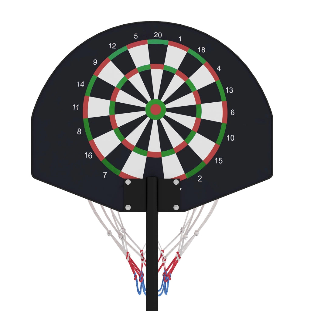 Canestro da basket regolabile in altezza (129-179 cm) con supporto, completo di bersaglio magnetico per freccette, per uso interno ed esterno.