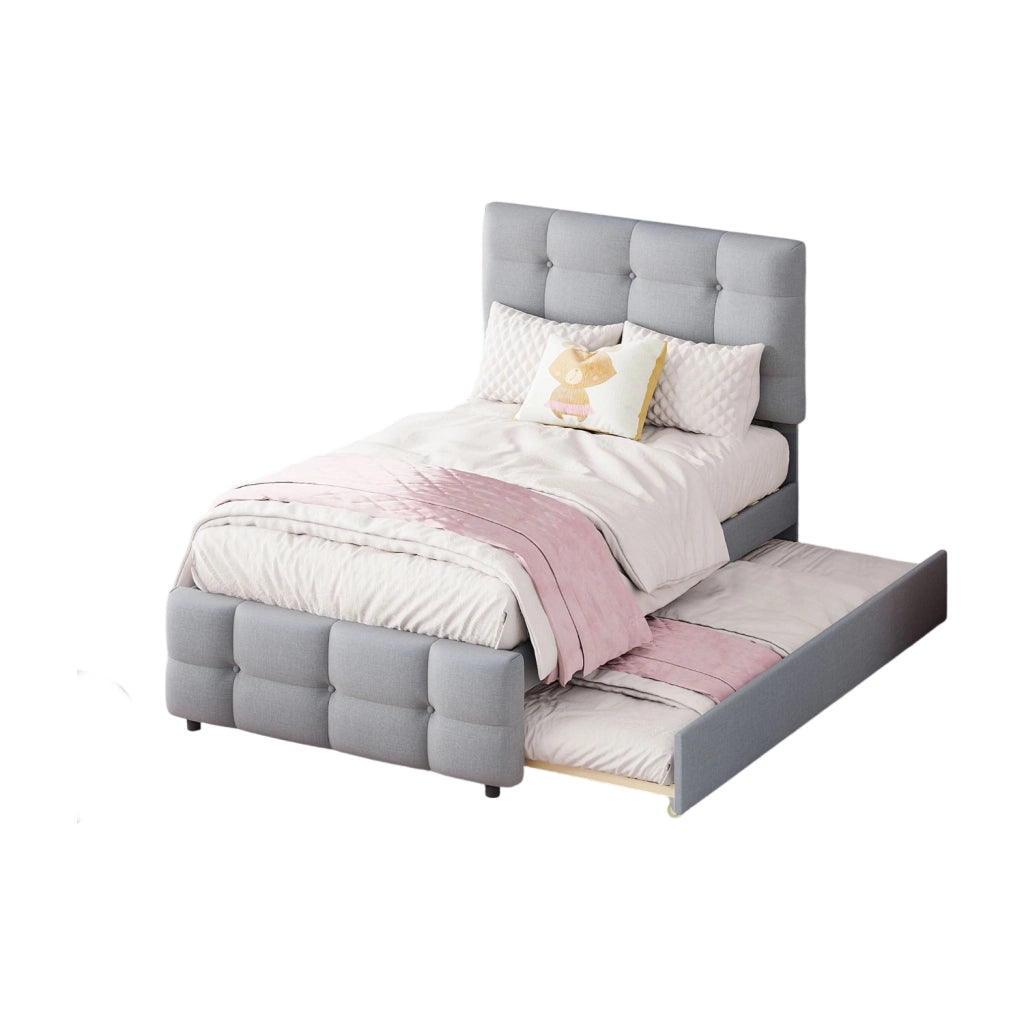 Letto imbottito 90x200 cm con letto estraibile e testiera regolabile in tessuto di lino grigio