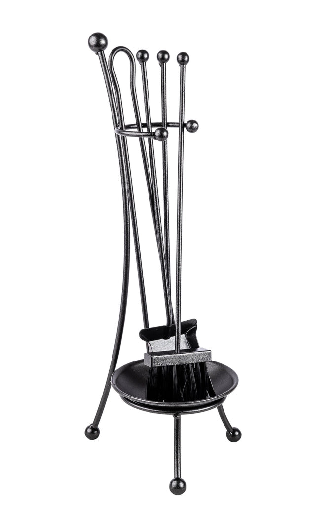 Trespolo per Attrezzi Camino a Bacinella con Paletta Scopino Attizzino e Pinza 22x22x65 cm in Ferro Verniciato Grigio