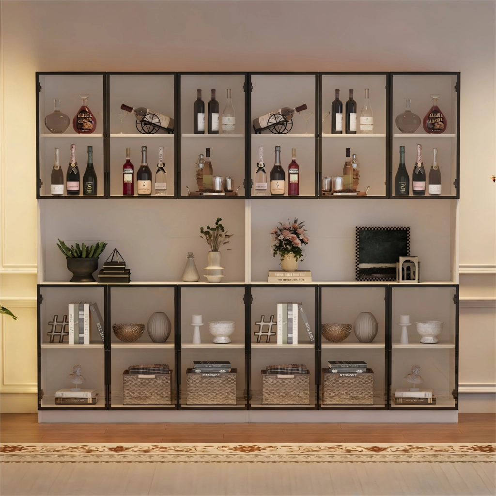 Vetrina con LED e 12 ante in vetro, per soggiorno e sala da pranzo, in MDF e vetro, bianco, 240 × 34 × 200 cm