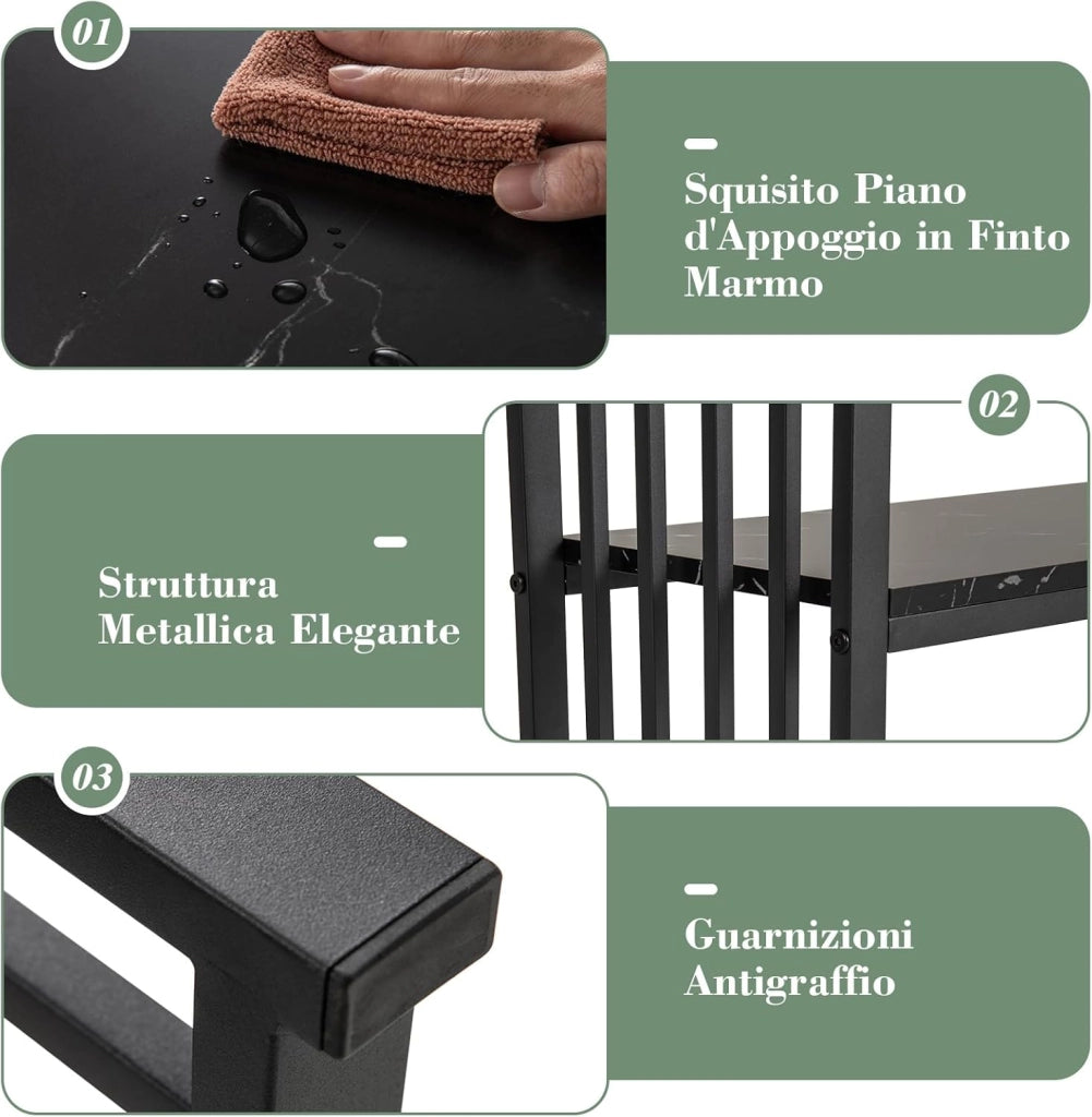 Tavolo da Ingresso Stretto e Compatto, Tavolo da Divano in Finto Marmo con Struttura in Acciaio, Consolle Moderno per Salotto e Corridoio, 120 x 29,5 x 92,5 cm (Nero)
