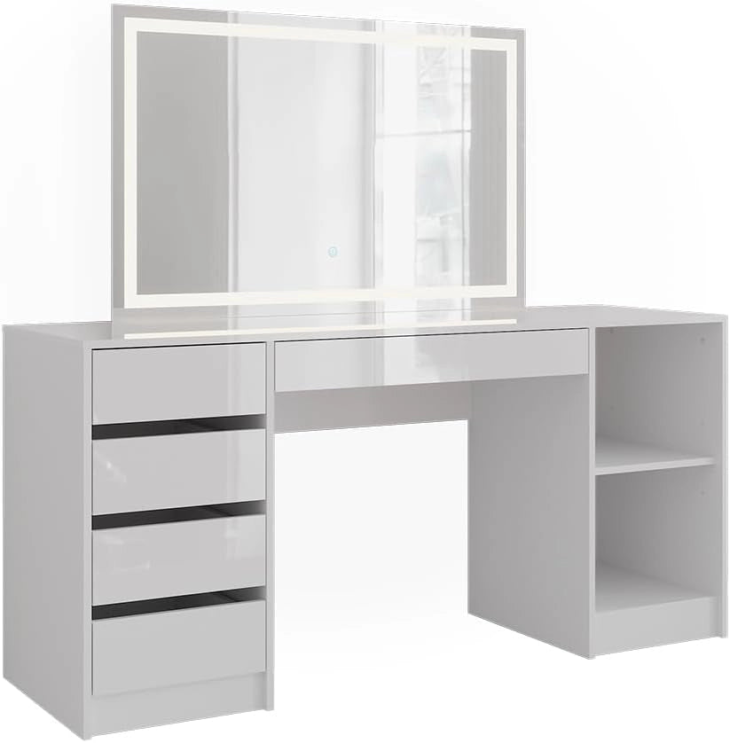 Tavolo da toeletta Sherry, Bianco/bianco lucido, 158.2 cm con specchio LED