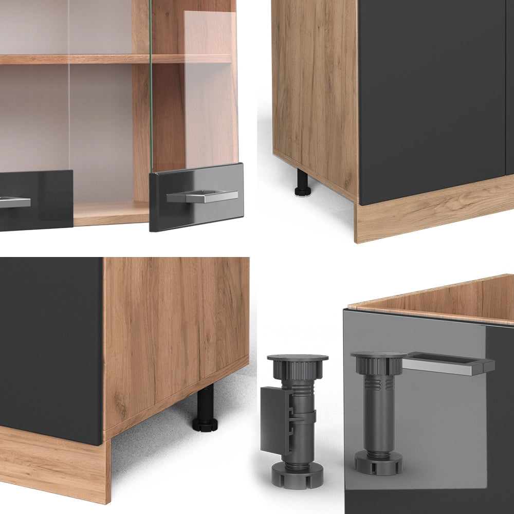 Cucina componibile R-Line Antracite lucido/Rovere dorato 300 cm con armadio alto, PL Marmo Vicco