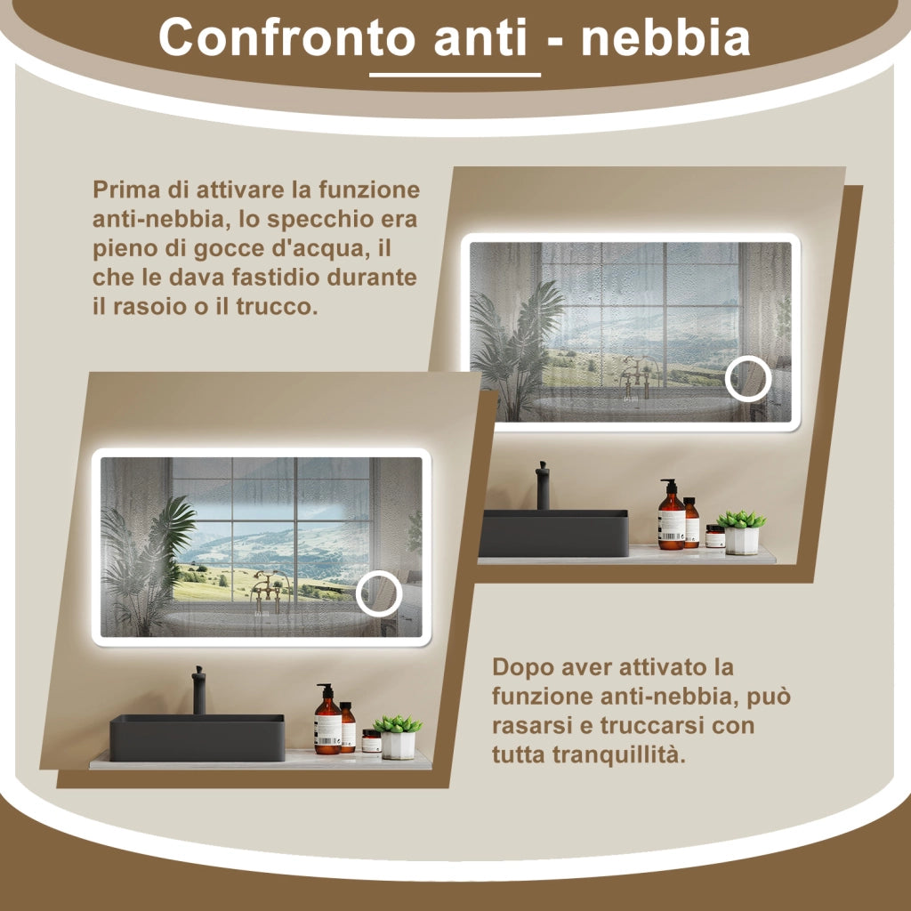 Aica 120x70cm Specchio da bagno Bluetooth antiappannamento, 3 colori dimmerabili, lente d'ingrandimento 3X