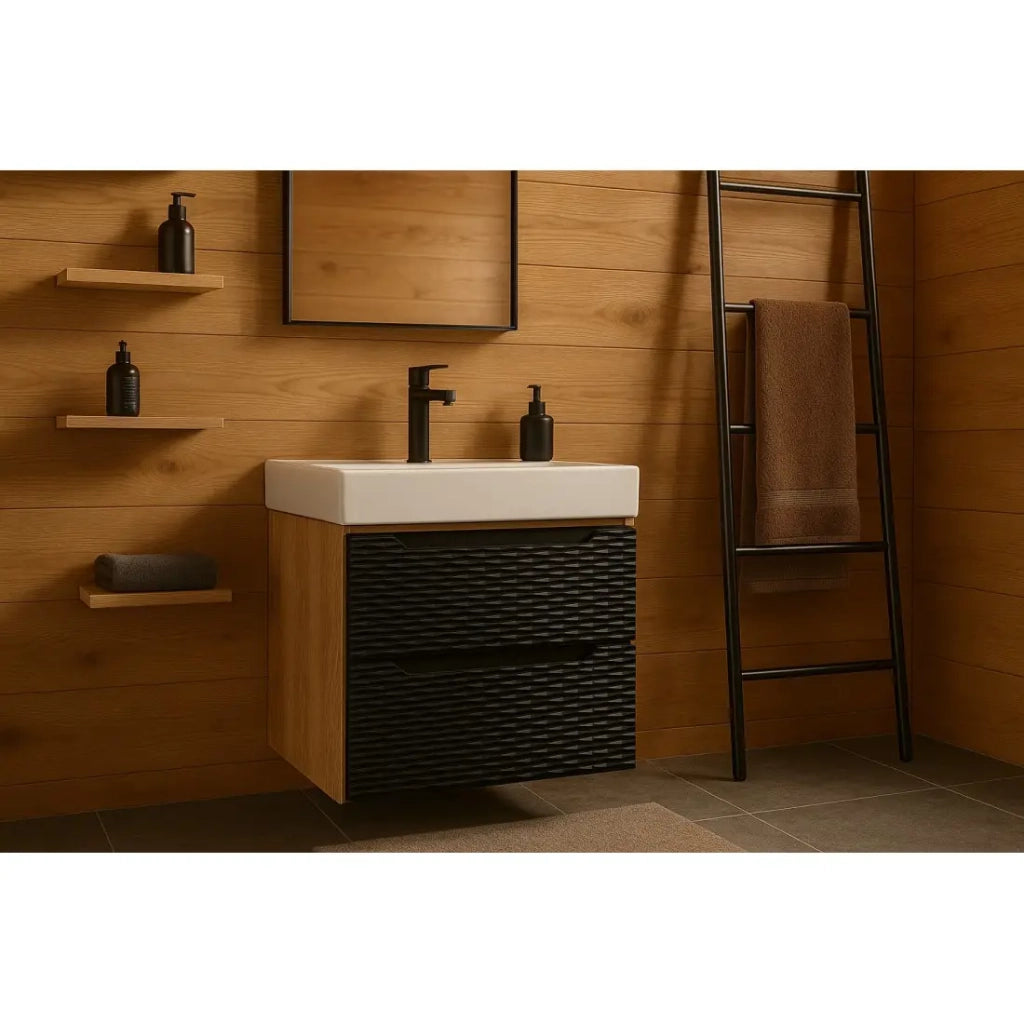 Mobile sottolavabo YOKA - 2 cassetti - Rovere chiaro e nero - L60 × P46 × H57 cm - Da appendere
