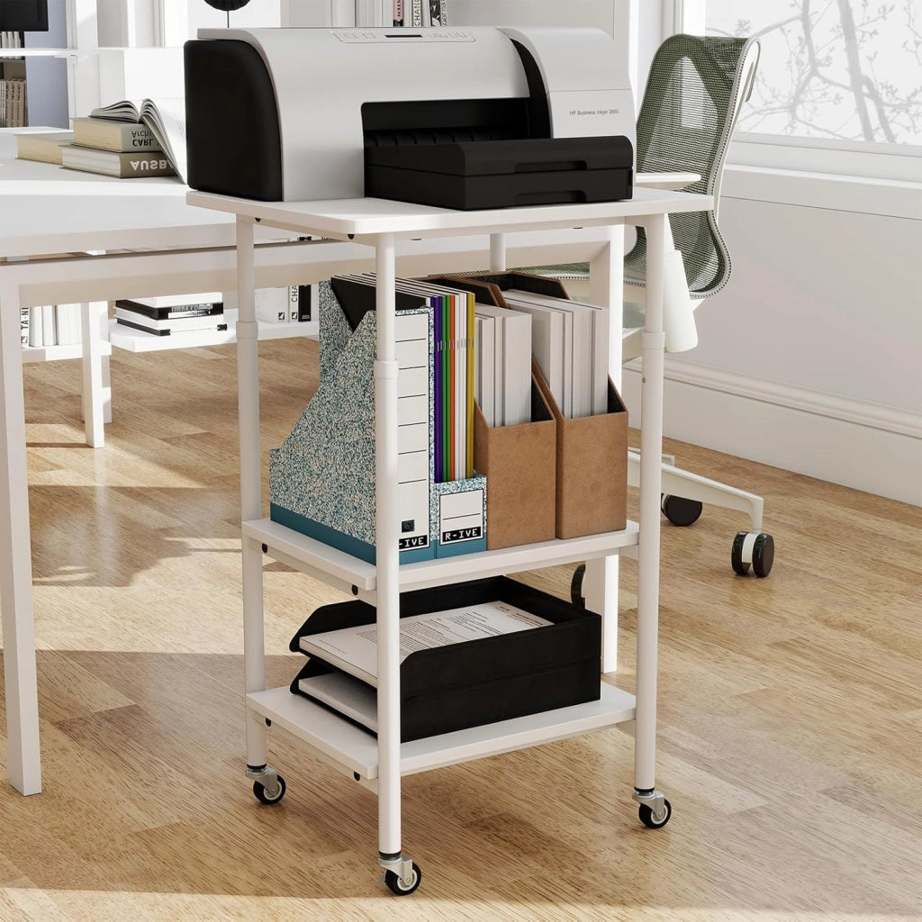 Supporto per stampante regolabile in altezza, mobile stampante mobile, scaffale per roulette a 3 livelli per fax, cartelle, scanner, scaffale con ruote per ufficio, cucina (bianco)