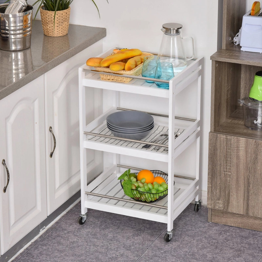 EasyComfort Carrello da Cucina Portavivande in Legno con 3 Ripiani e Ruote, 45x38x78cm, Bianco