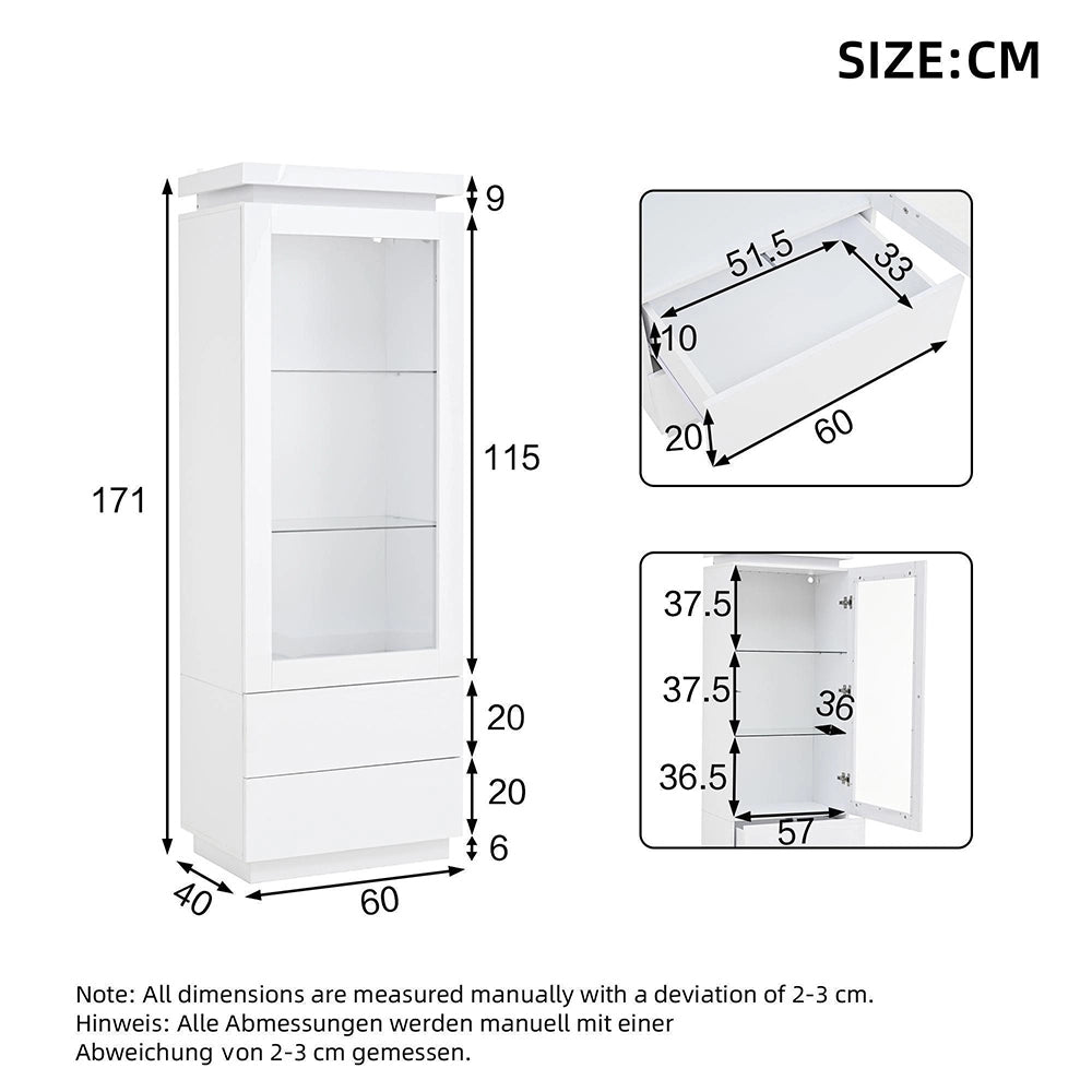 Vetrina 60x40x171 cm 2 cassetti - Xylo - vetrina alta con LED, ante in vetro, piedistallo, bianco