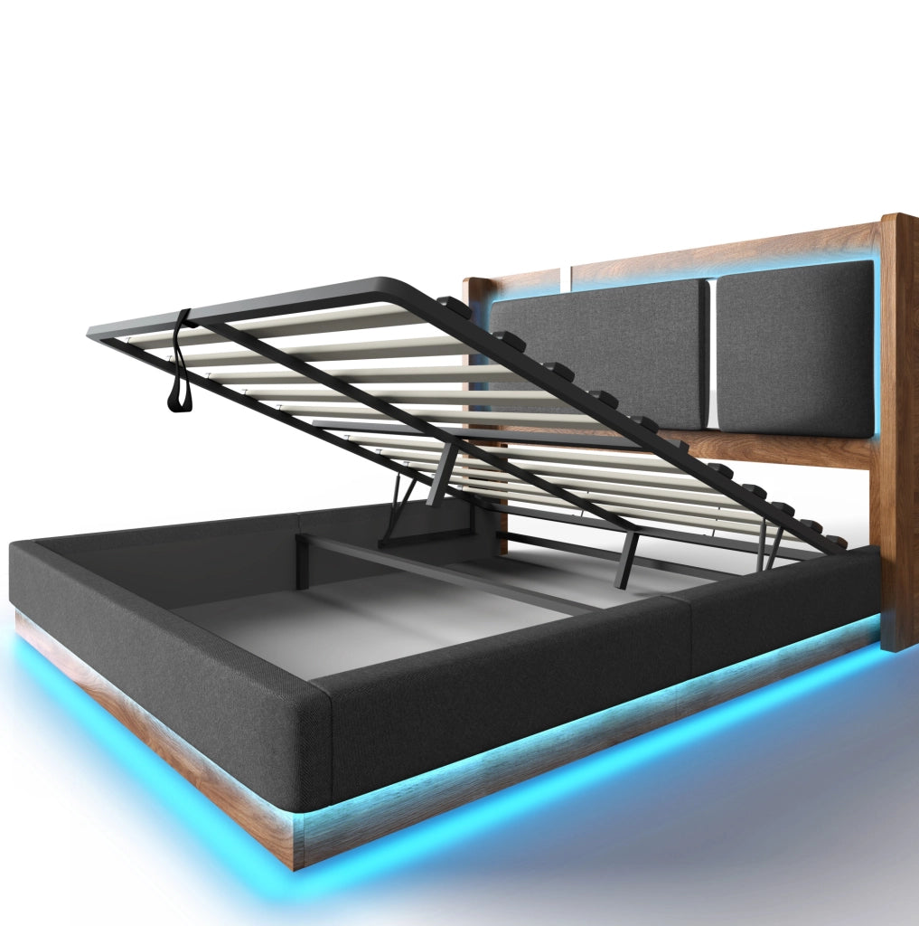 Letto matrimoniale 160x200 cm con contenitore; LED e struttura in metallo; grigio e noce