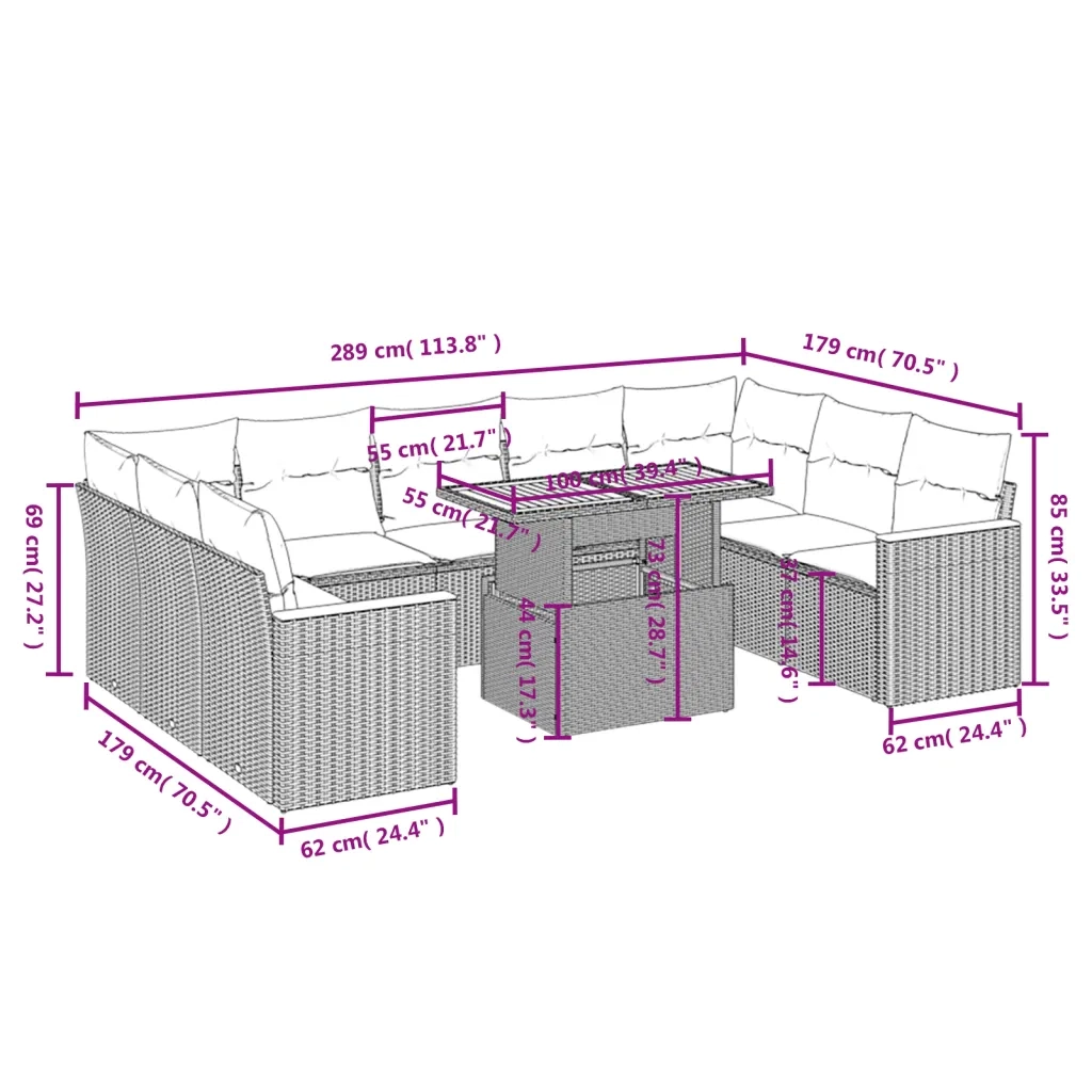 Set Divano da Giardino 10 pz con Cuscini Beige in Polyrattan 3273221