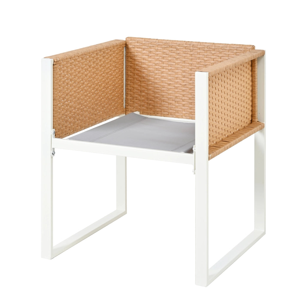 Set da pranzo da giardino con tavolo e 6 sedie in rattan PE marrone e bianco con vetro temperato e cuscini sfoderabili