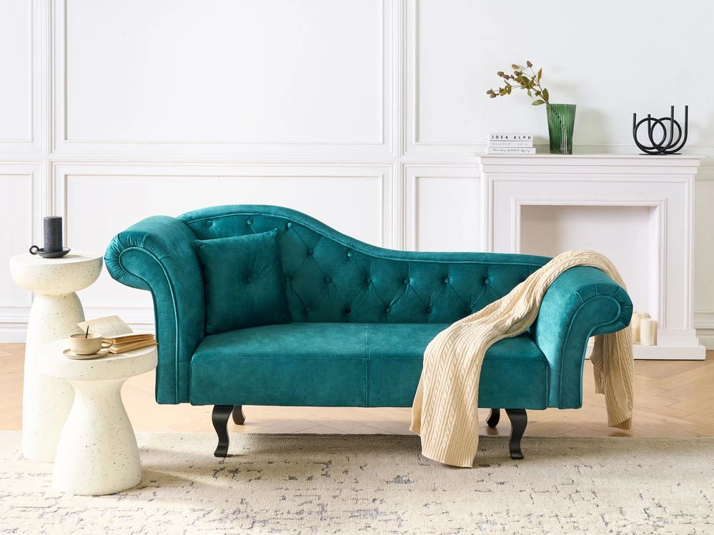 Chaise longue in Velluto Verde Smeraldo Bottone capitonné Tappezzeria versione sinistra con Cuscino