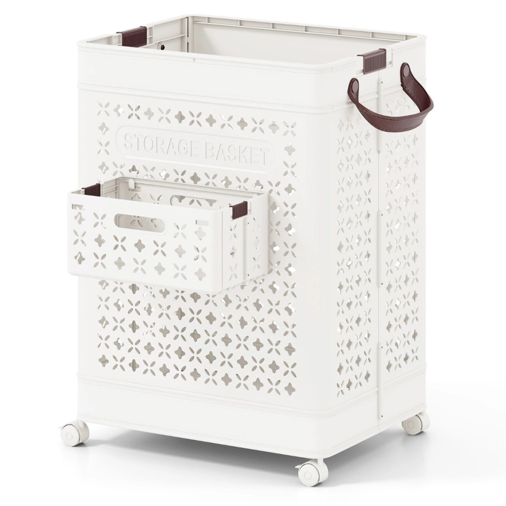 Cesta per biancheria pieghevole con 4 ruote universali, Contenitore di plastica da 75 L con cestino bianco 43,5 x 34 x 61 cm-Cesti del bucato