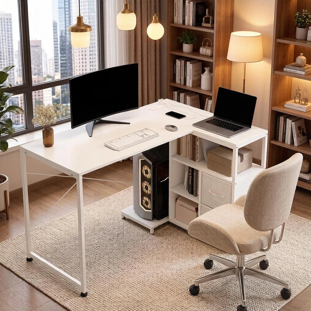 Scrivania ad angolo con prese elettriche; 3 vani e 2 cassetti - per studio - bianco