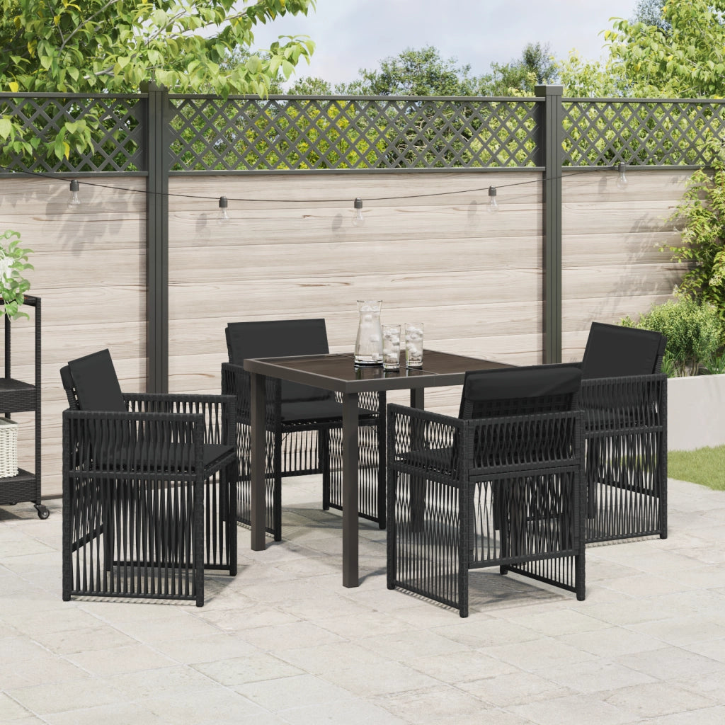 Set da Pranzo da Giardino da 5 Pezzi con Cuscini Neri Rattan