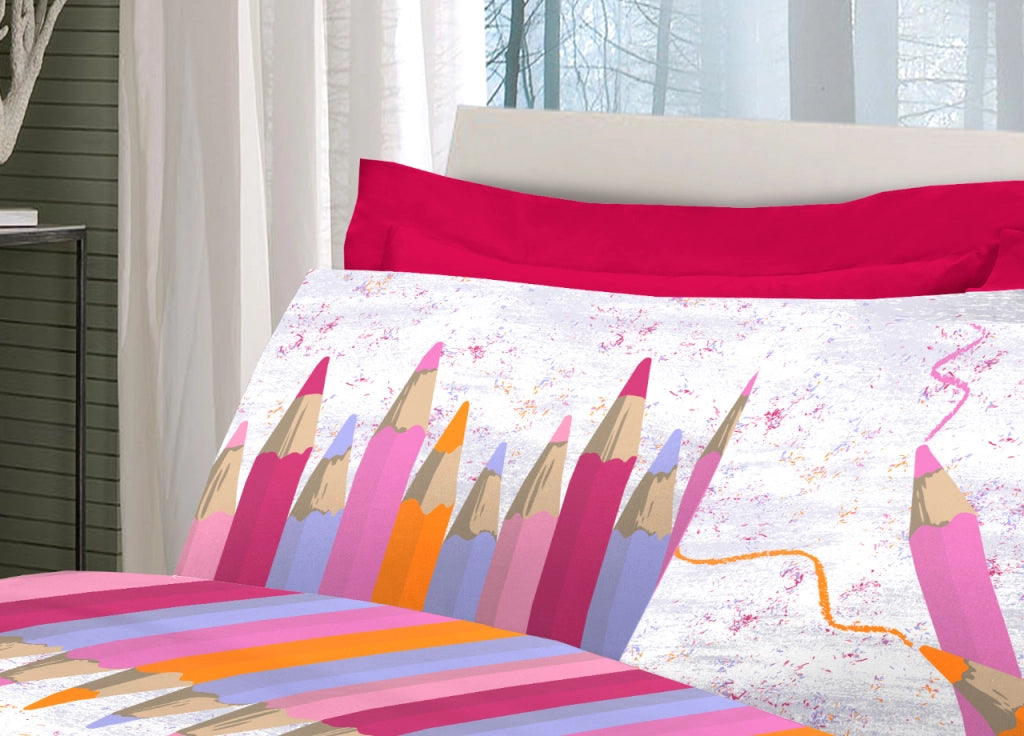 Completo Lenzuola Linea Pensieri Delicati 100% Cotone Disegno Matitoni - Piazza E Mezza - Rosa
