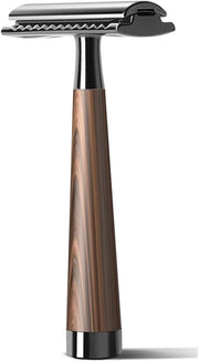 Scheermostra con lama doppia faccia, manico in legno imitato, lama in acciaio inossidabile, adatta a uomini e donne, risciacquabile con lama metallica con 5 lamine di ricambio (legno a scagliola)