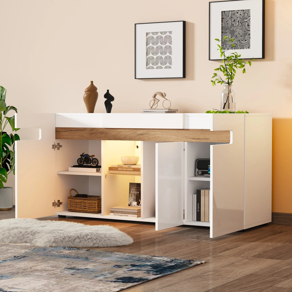 Credenza con 3 Ante e LED con Controllo App; Bianco Lucido; con Ripiano in Vetro; in Truciolare; 140??40??70 cm