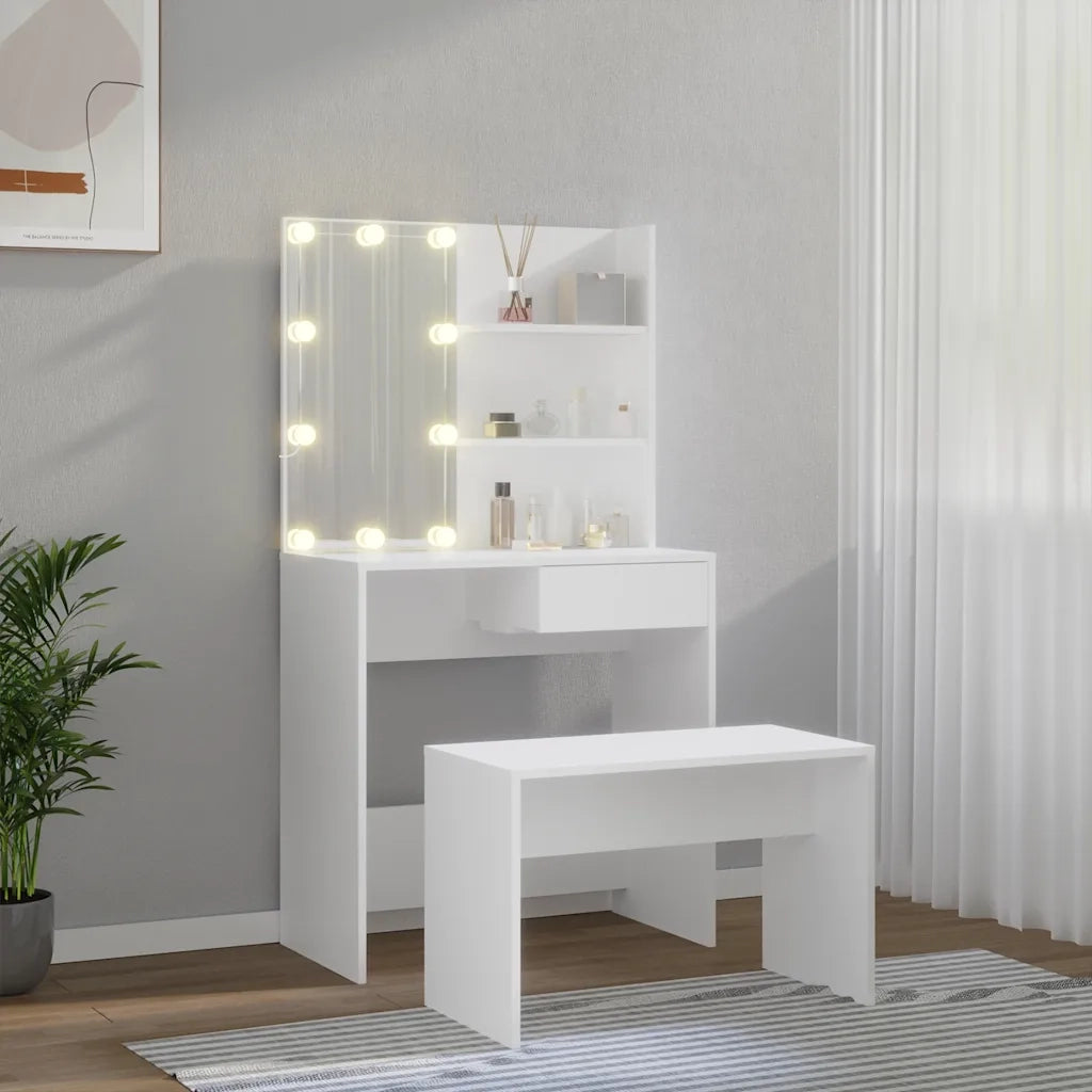 Set Tavolo da Toeletta Bianco con LED in Legno Multistrato