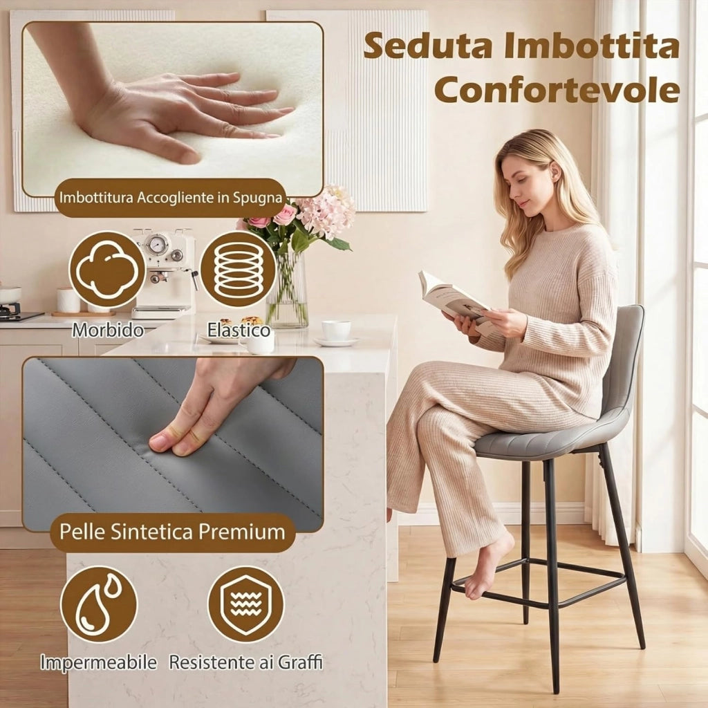 Set 2 Sgabelli da Bar con Comodo Schienale e Seduta Morbida | Sgabelli da Pranzo con Robusto Telaio in Metallo e Poggiapiedi, Design Moderno per Cucina, Sala da Pranzo e Salotto