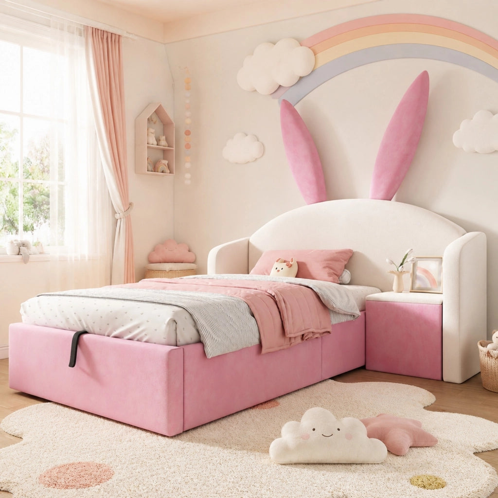 Letto per bambini 90x190 cm in velluto con testiera con orecchie, comodino contenitore e spazio salvaspazio