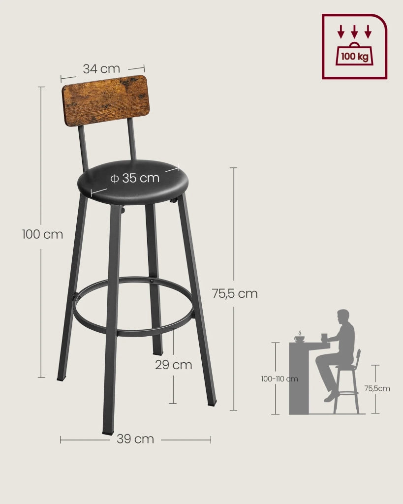 Sgabelli da bar set da 2 sgabelli alti con seduta imbottita 39 x 39 x 100 cm poggiapiedi montaggio facile stile industriale per cucina o sala da pranzo nero 12_0004970
