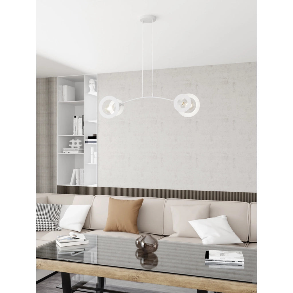 Lampadario 2 Luci Djehuty Acciaio Bianco Bracci Diffusori Doppio Cerchio