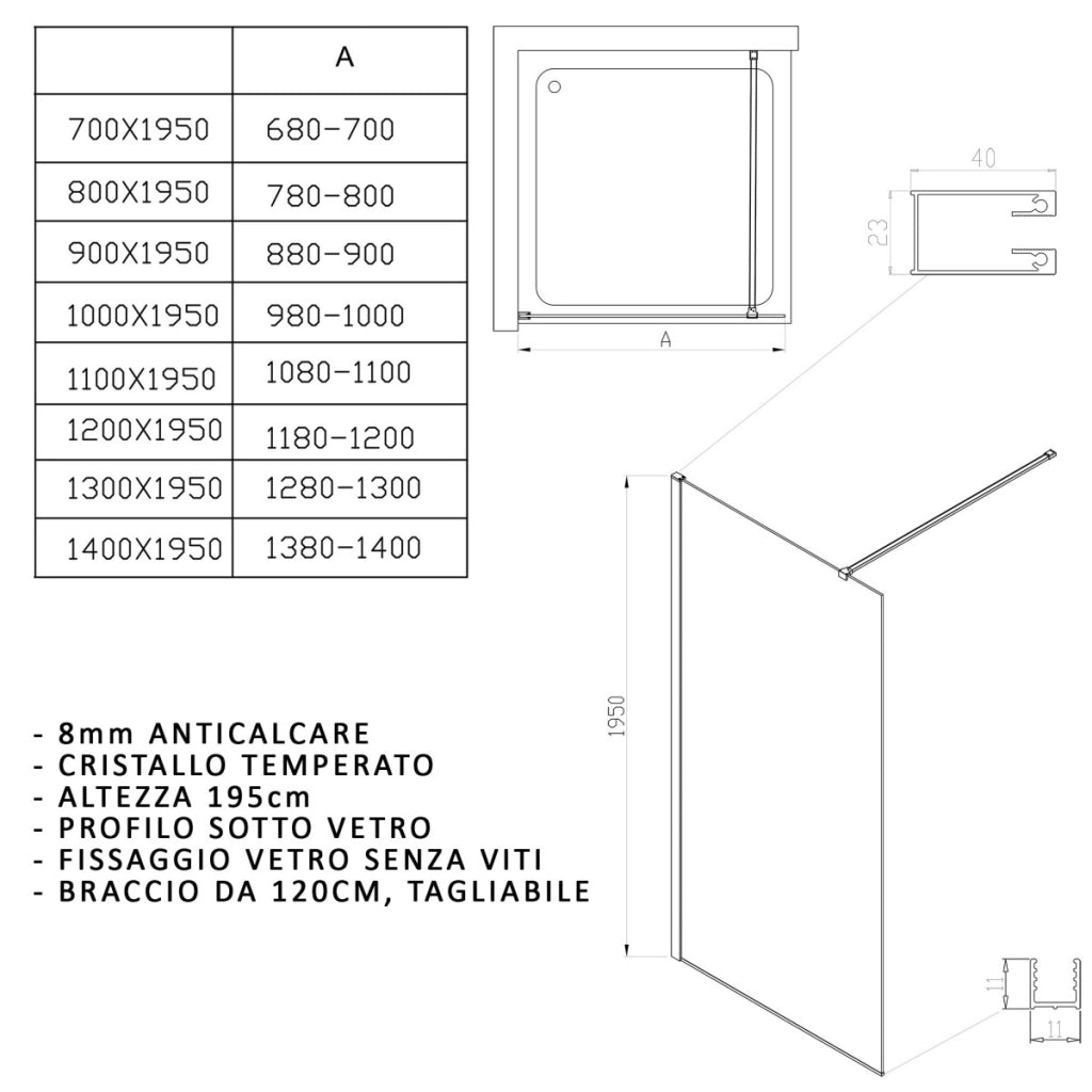 Doccia walk in reversibile senza profili trasparente 8mm h195cm anticalcare osiride, misura 80