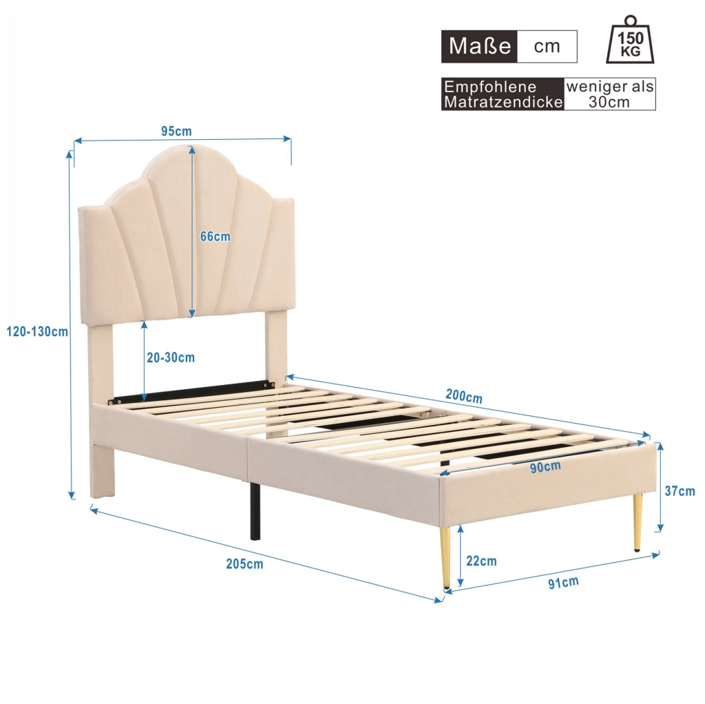 Letto imbottito 90 x 200 cm in velluto beige con testiera regolabile