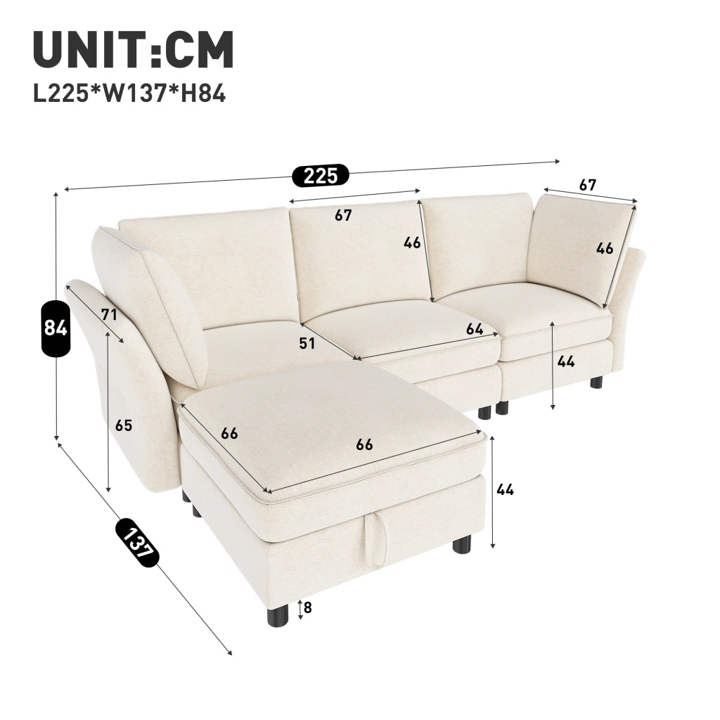 Divano angolare modulare 4 posti con pouf contenitore e seduta morbida in chenille beige per soggiorno