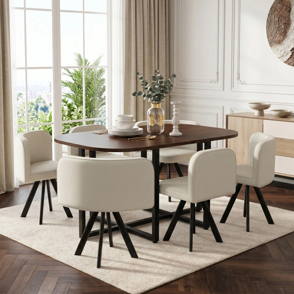 Set da pranzo con finitura effetto legno, composto da 6 sedie in tessuto di lino e un tavolo da pranzo (140 x 90 cm), beige e noce