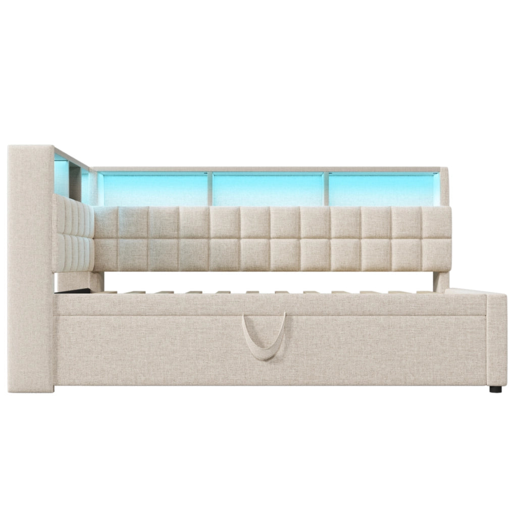 Letto singolo estraibile ULEVR 90x200 cm con LED, Bluetooth, USB e Type-C, testiera a L beige