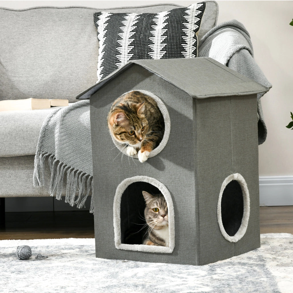 EasyComfort Casetta per Gatti a Due Livelli con Cuscini Lavabili 3 entrate, 42x46x59.5 cm, Grigio