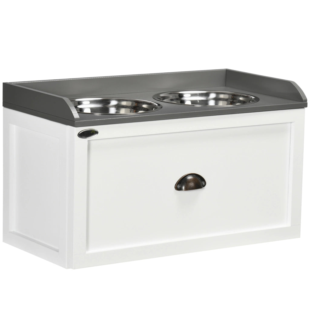 Scaffale con ciotole estraibili e cassetto portaoggetti in acciaio inox per cani grandi bianco 60 × 30 × 36 cm