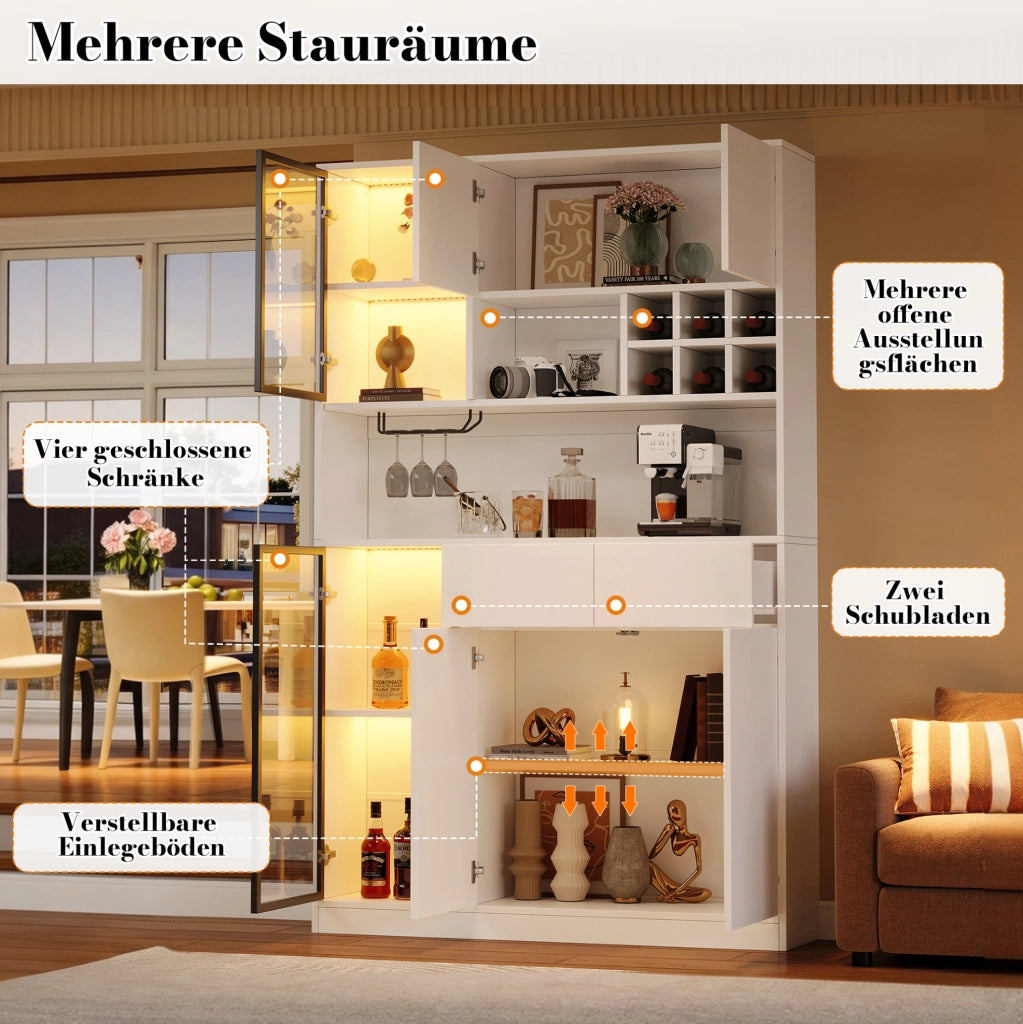 Hochschrank vetrina 120x33x200 cm con LED; 6 ante; 2 cassetti; bianco