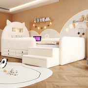Letto imbottito per bambini 90x200 cm con contenitore; luce notturna e USB in velluto beige