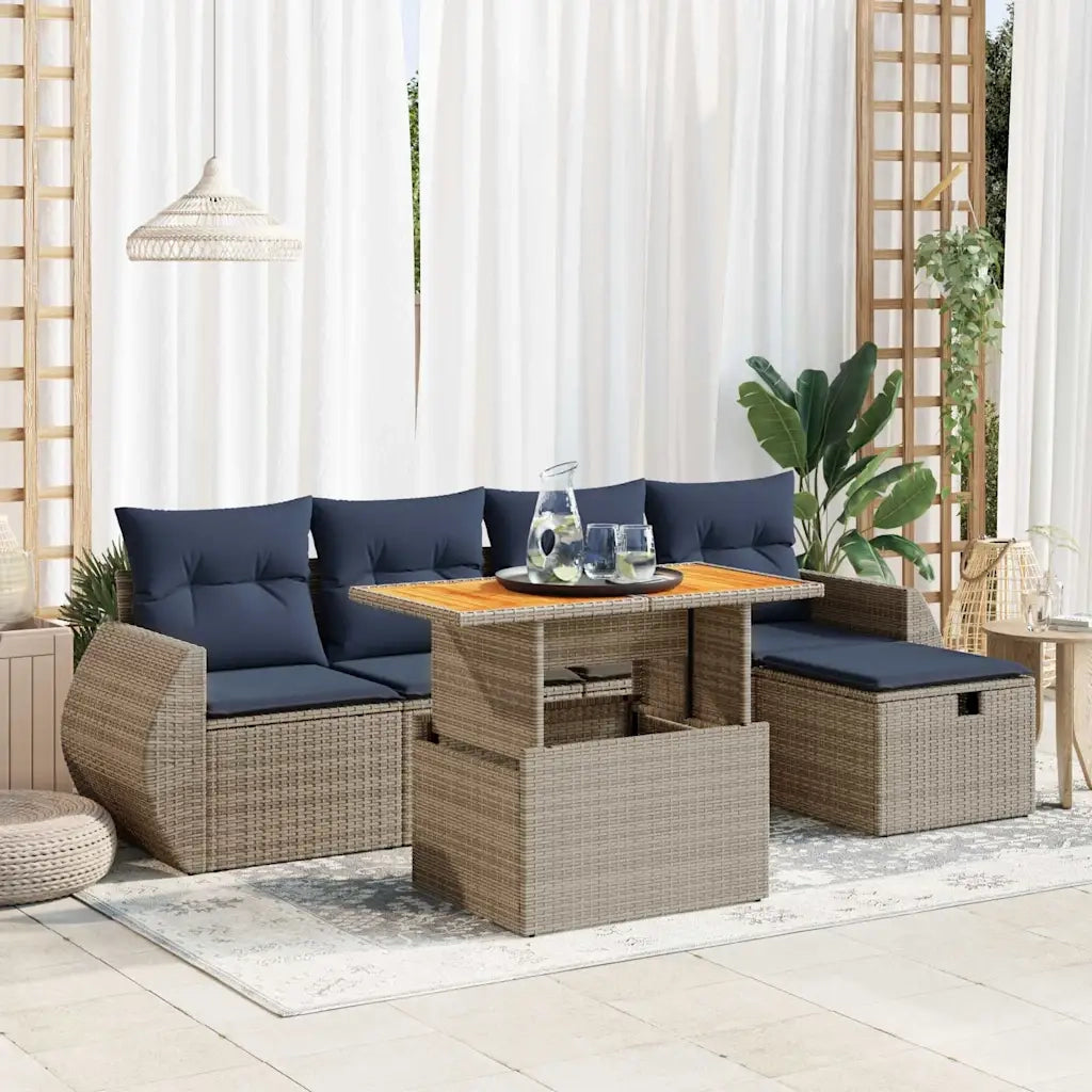 Set Divano da Giardino 6 pz con Cuscini Nero Polyrattan Acacia 3328055