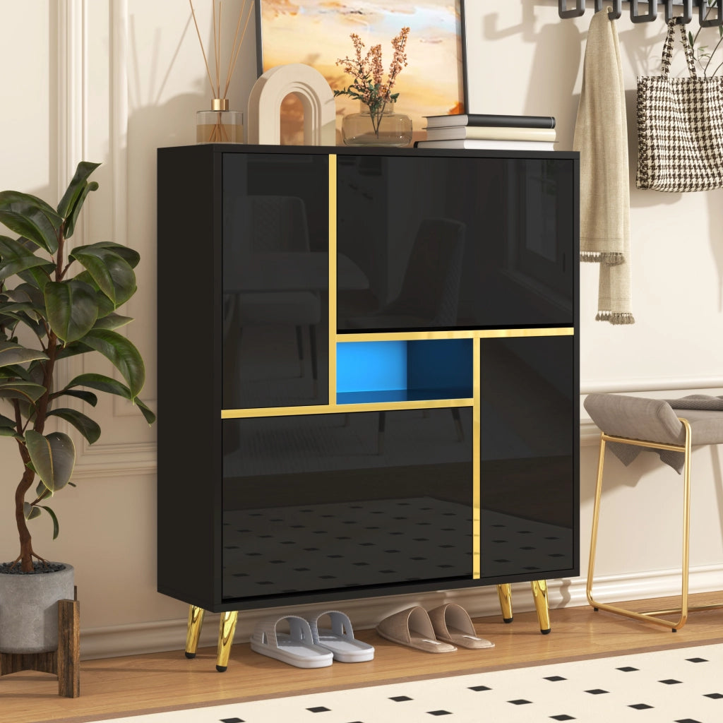Mobile Scarpiera con 2 Ante e Ripiani Regolabili; LED 16 Colori; Frontale Lucido; Nero; in Pannelli di Particelle; 80×25×96 cm