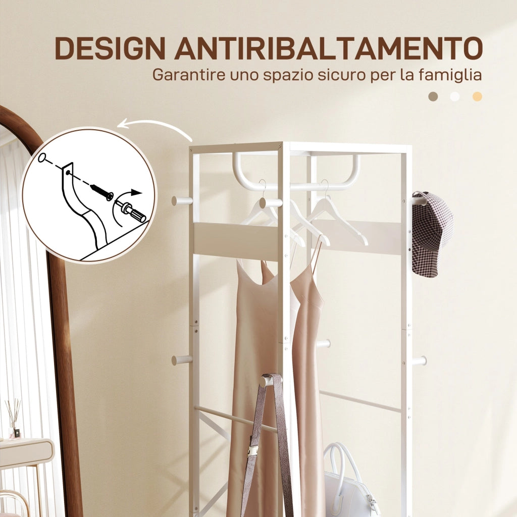 Appendiabiti da Terra 38,5x30x170 cm con Asta e 2 Ripiani Aperti in Legno e Acciaio Bianco