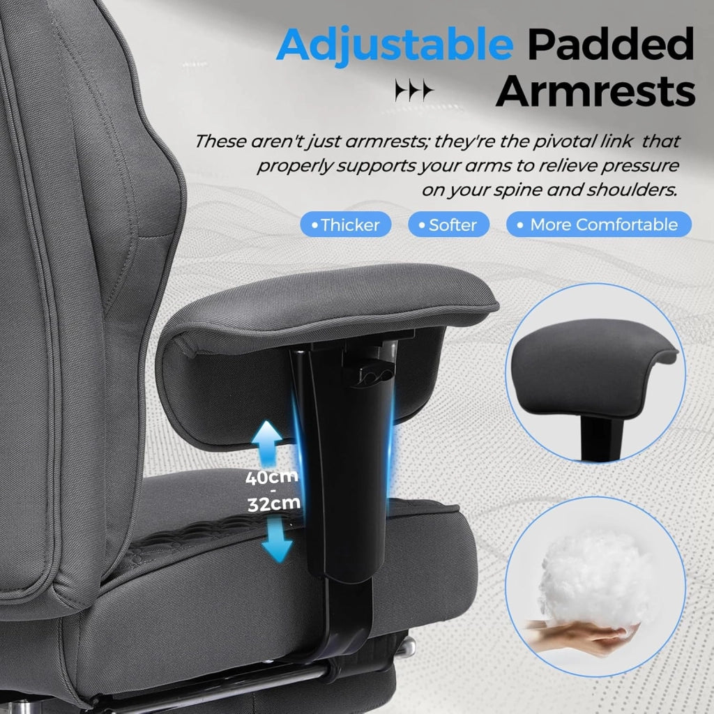 Sedia da gaming, ampia sedia da ufficio in tessuto di alta qualità, ergonomica, sedia da scrivania regolabile e girevole con poggiapiedi, 180 kg, grigio