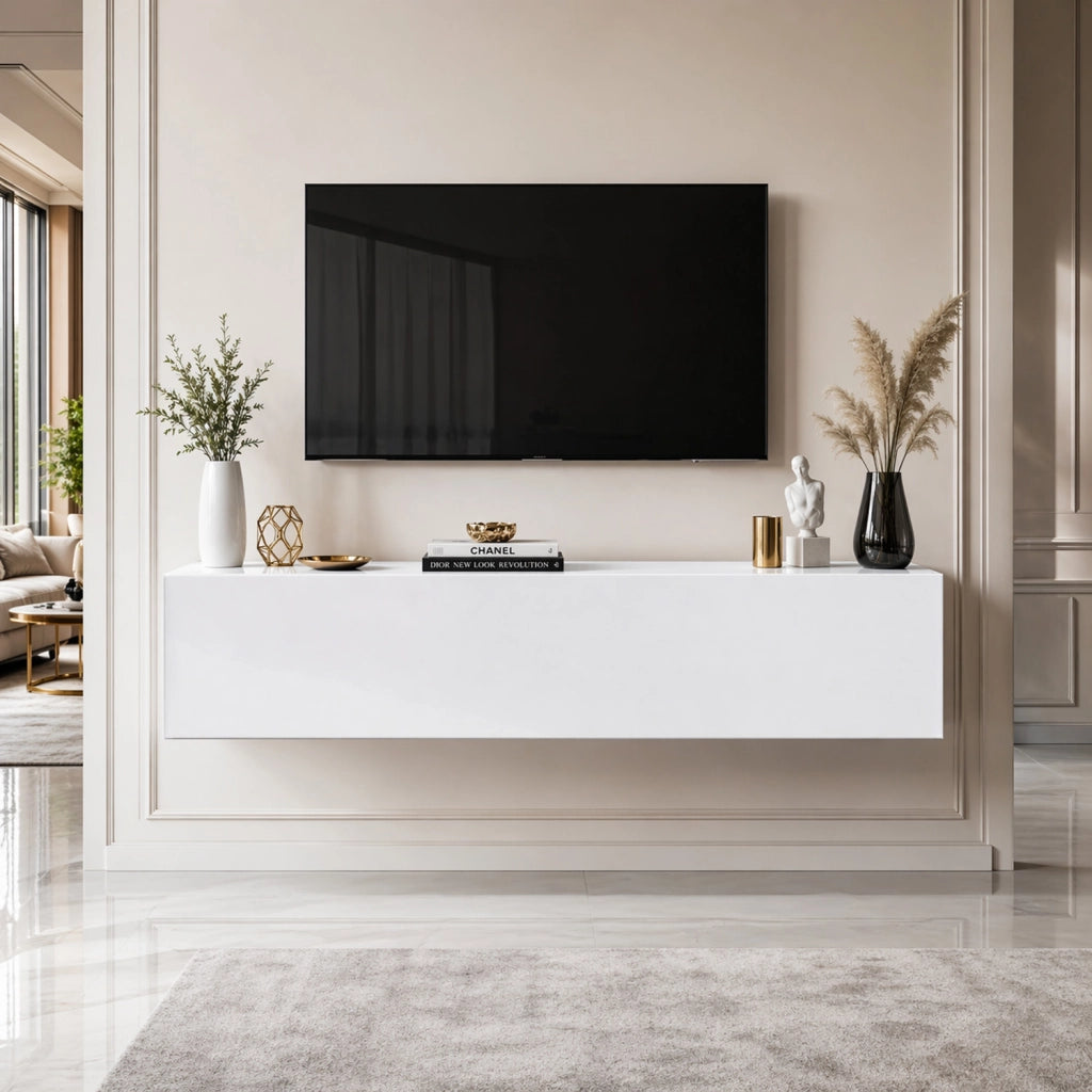Mobile TV Sospeso Design Minimal Con 3 Vani Contenitore Anta A Ribalta Reversibile Frontale Lucido In Melaminico Per Soggiorno Salotto Zona Living 160 X 34 X 40 Cm Bianco