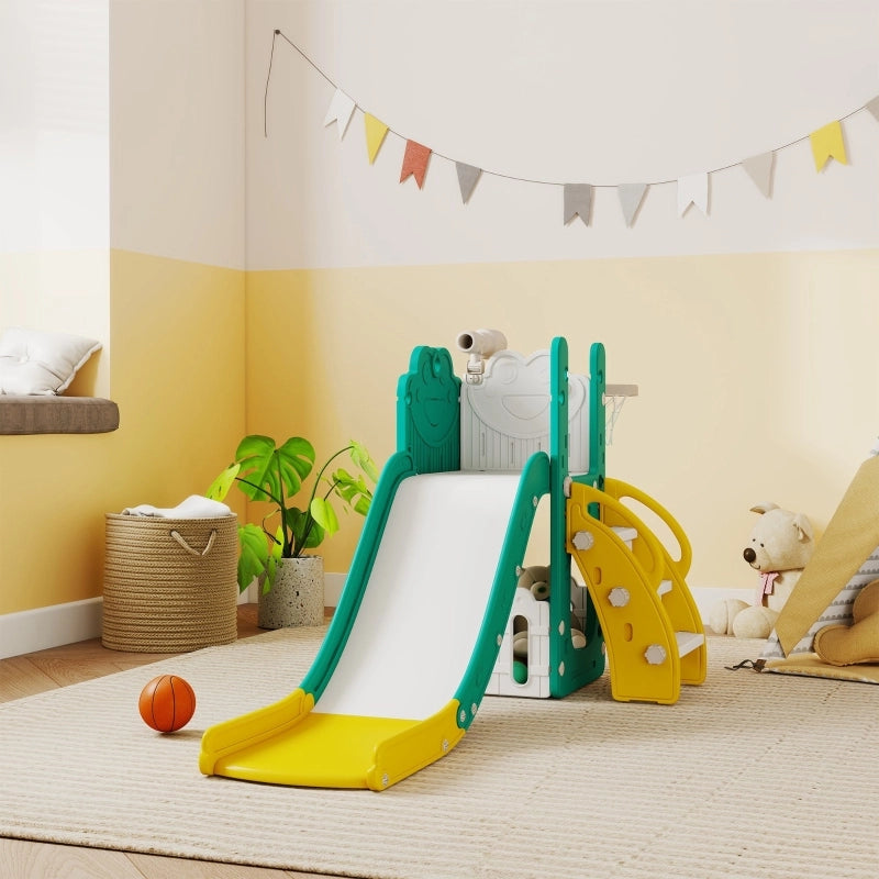 Scivolo per bambini 5 in 1 con canestro, telescopio e box portaoggetti, HDPE, giallo