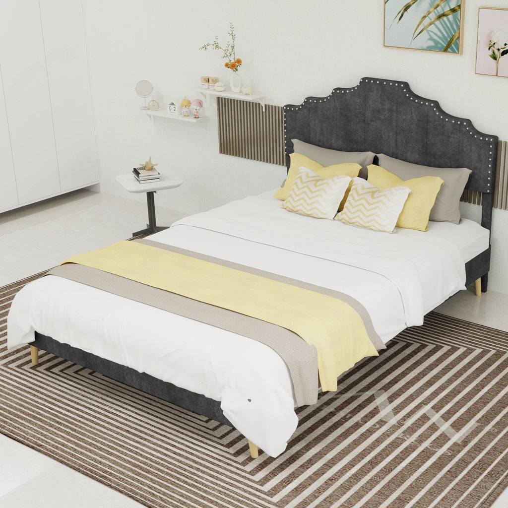 Letto Matrimoniale 140x200 cm; Letto Contenitore; Testiera Geometrica e in Tessuto Grigio