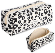 Etui per ragazze e adolescenti in corduroy, organizzatore per attrezzature da ufficio, grande capacità di stoccaggio, etui per scuola e ufficio (disegno di leopardo bianco)